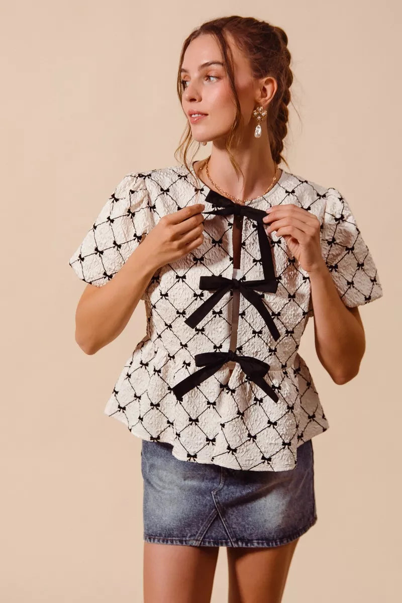 Bow Texture Woven Peplum Top With Contrast Tie SO ME