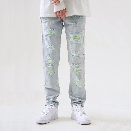 Washed High Straight Ripped Jeans Men