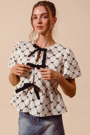 Bow Texture Woven Peplum Top With Contrast Tie SO ME