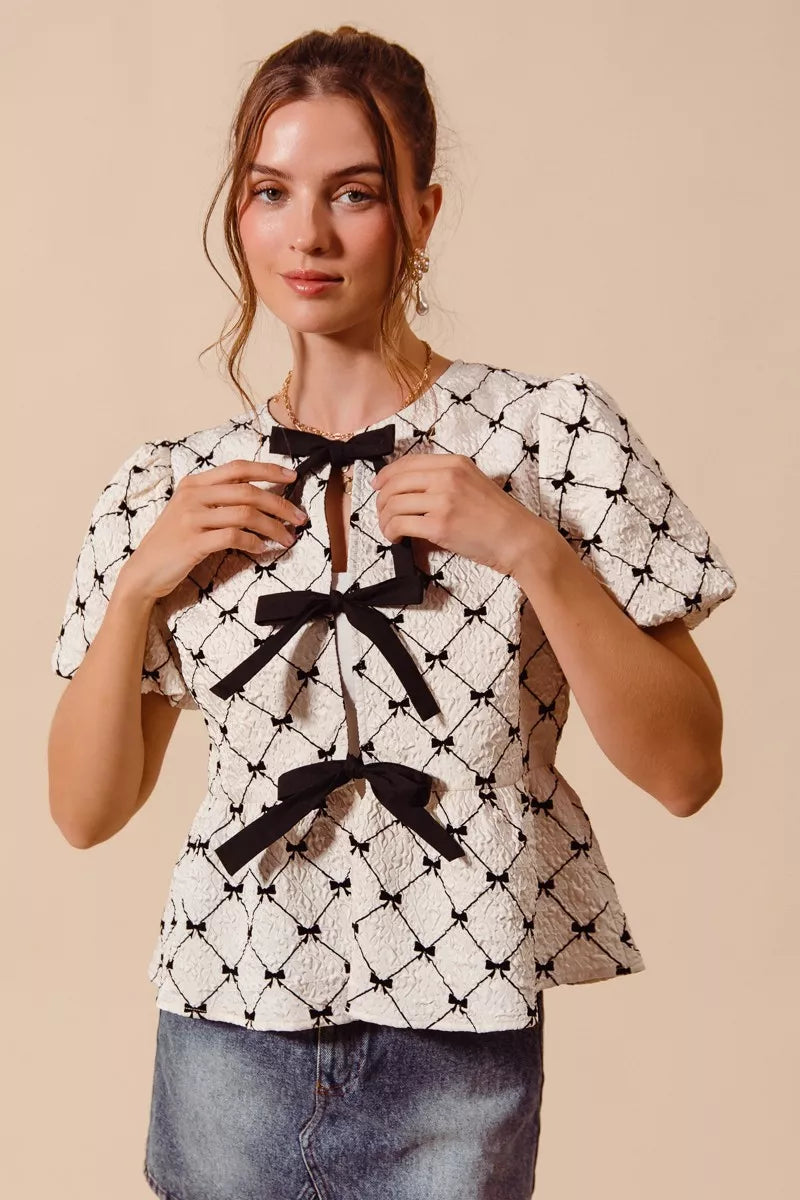Bow Texture Woven Peplum Top With Contrast Tie SO ME