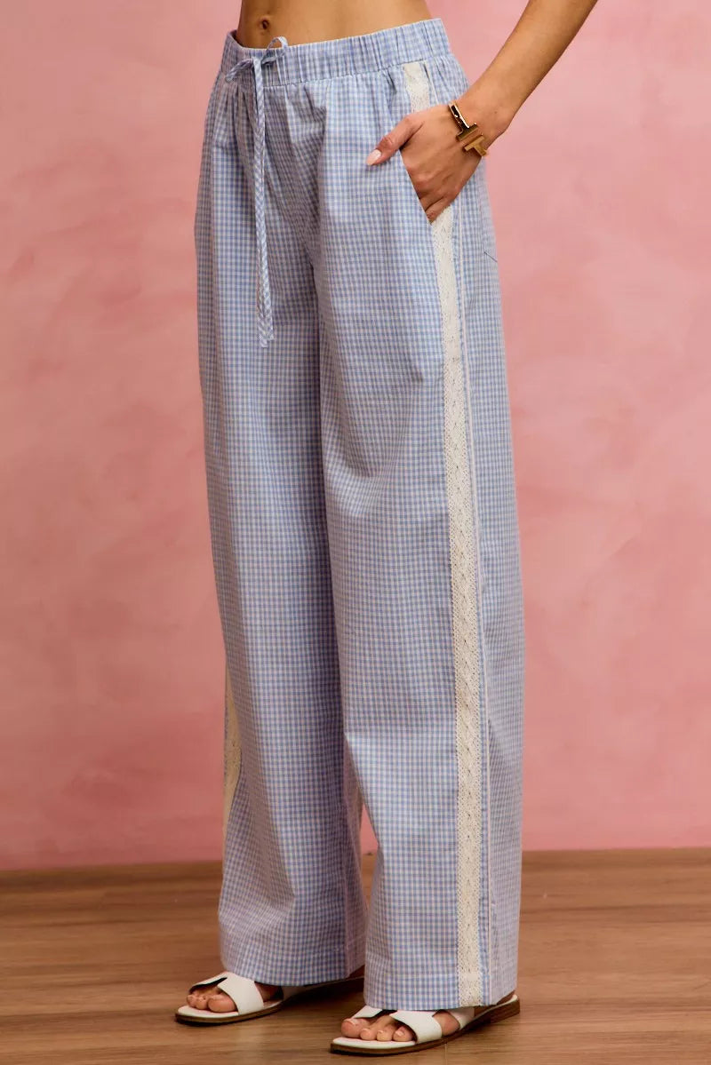 Wide Leg Pants With Side Lace Trim Check Pattern SO ME