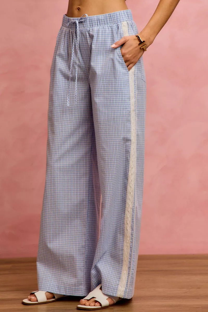 Wide Leg Pants With Side Lace Trim Check Pattern SO ME