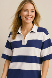 Oh Pima Cotton Wash Color Block Johnny Collar Half Sleeve Top
