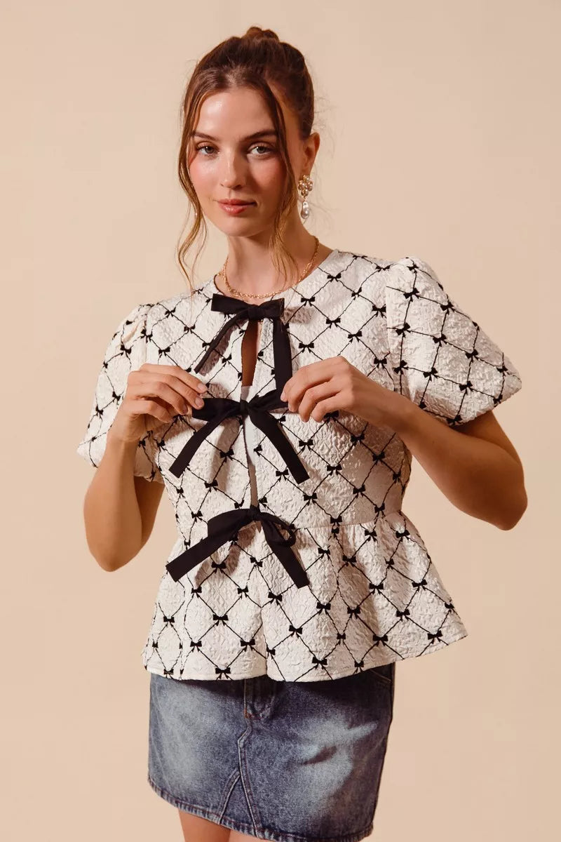 Bow Texture Woven Peplum Top With Contrast Tie SO ME