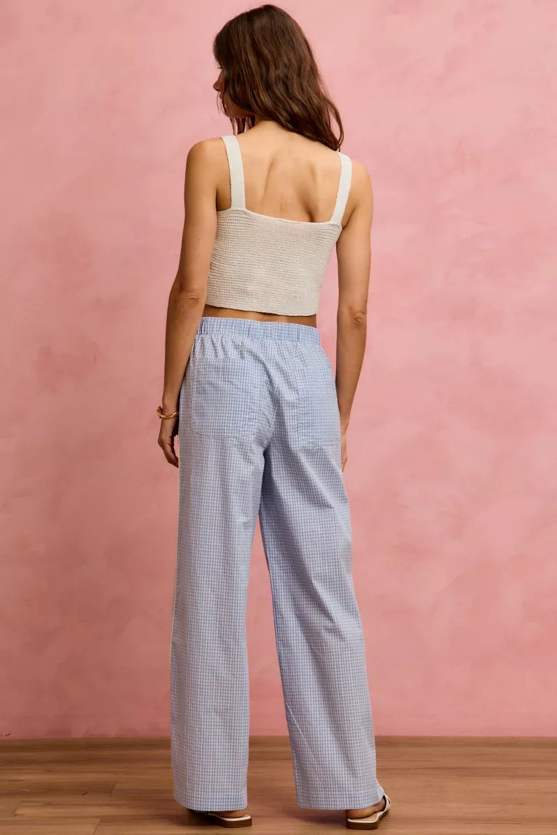 Wide Leg Pants With Side Lace Trim Check Pattern SO ME