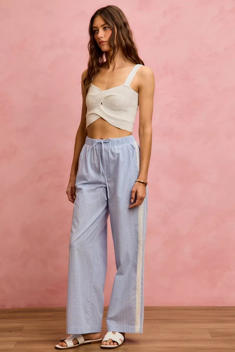 Wide Leg Pants With Side Lace Trim Check Pattern SO ME