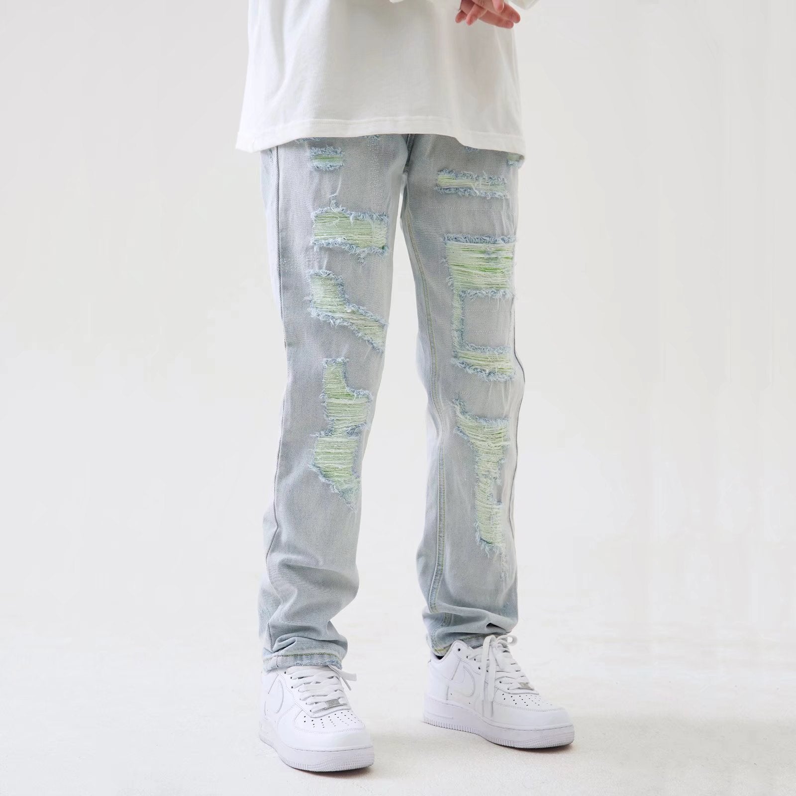 Washed High Straight Ripped Jeans Men