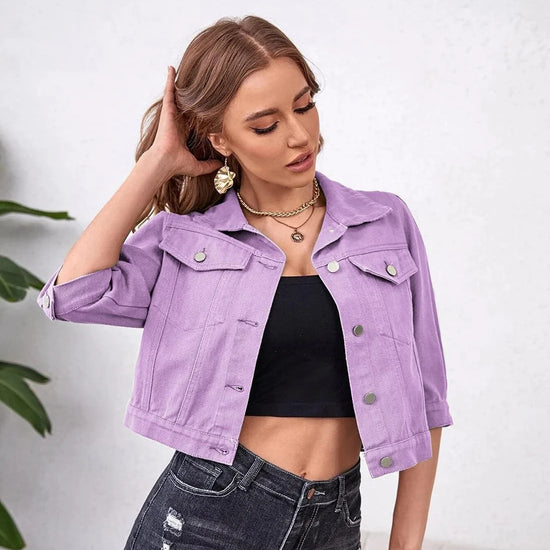 Women Denim Jacket Cropped Stretchy 3/4 Puff Sleeve