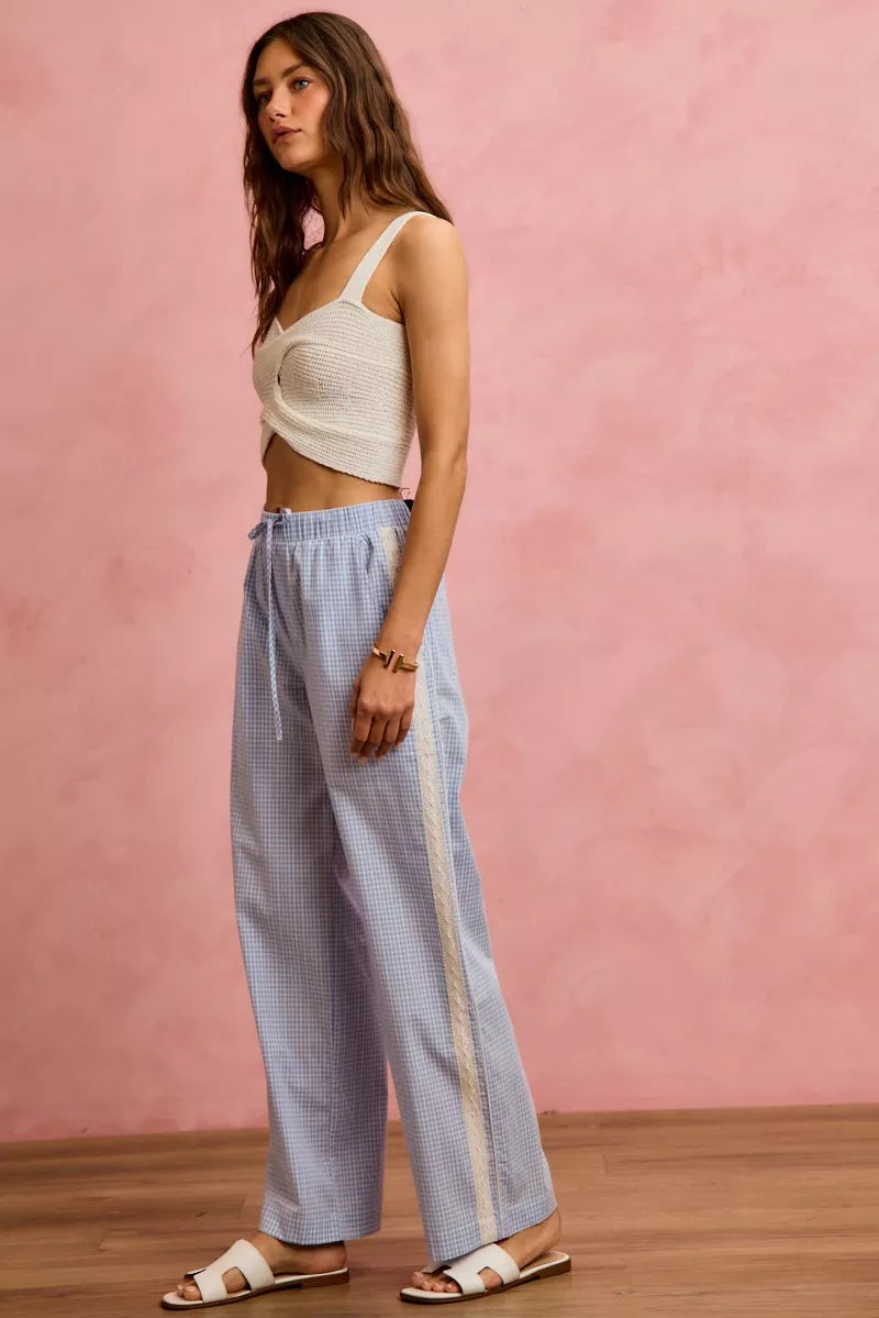 Wide Leg Pants With Side Lace Trim Check Pattern SO ME