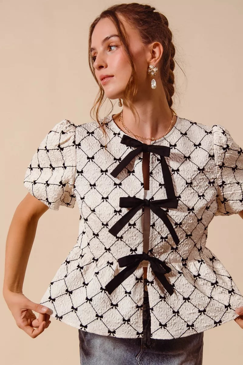 Bow Texture Woven Peplum Top With Contrast Tie SO ME