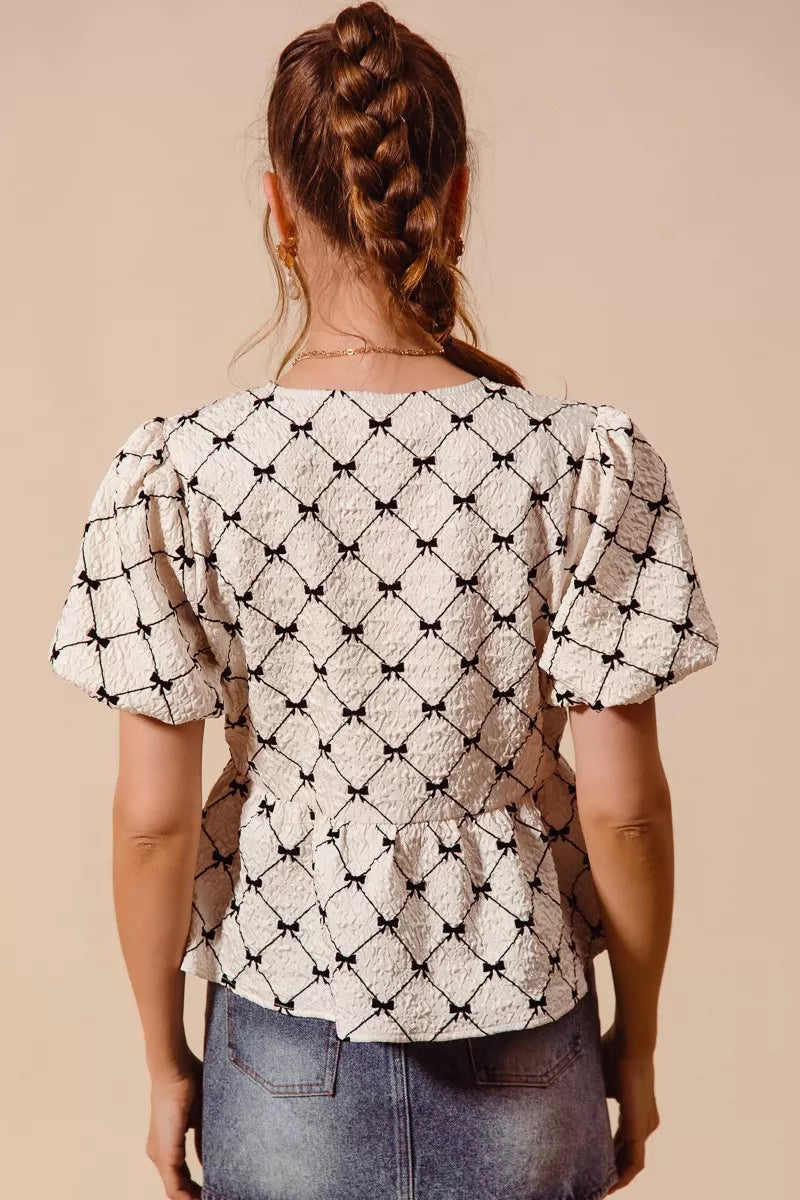 Bow Texture Woven Peplum Top With Contrast Tie SO ME