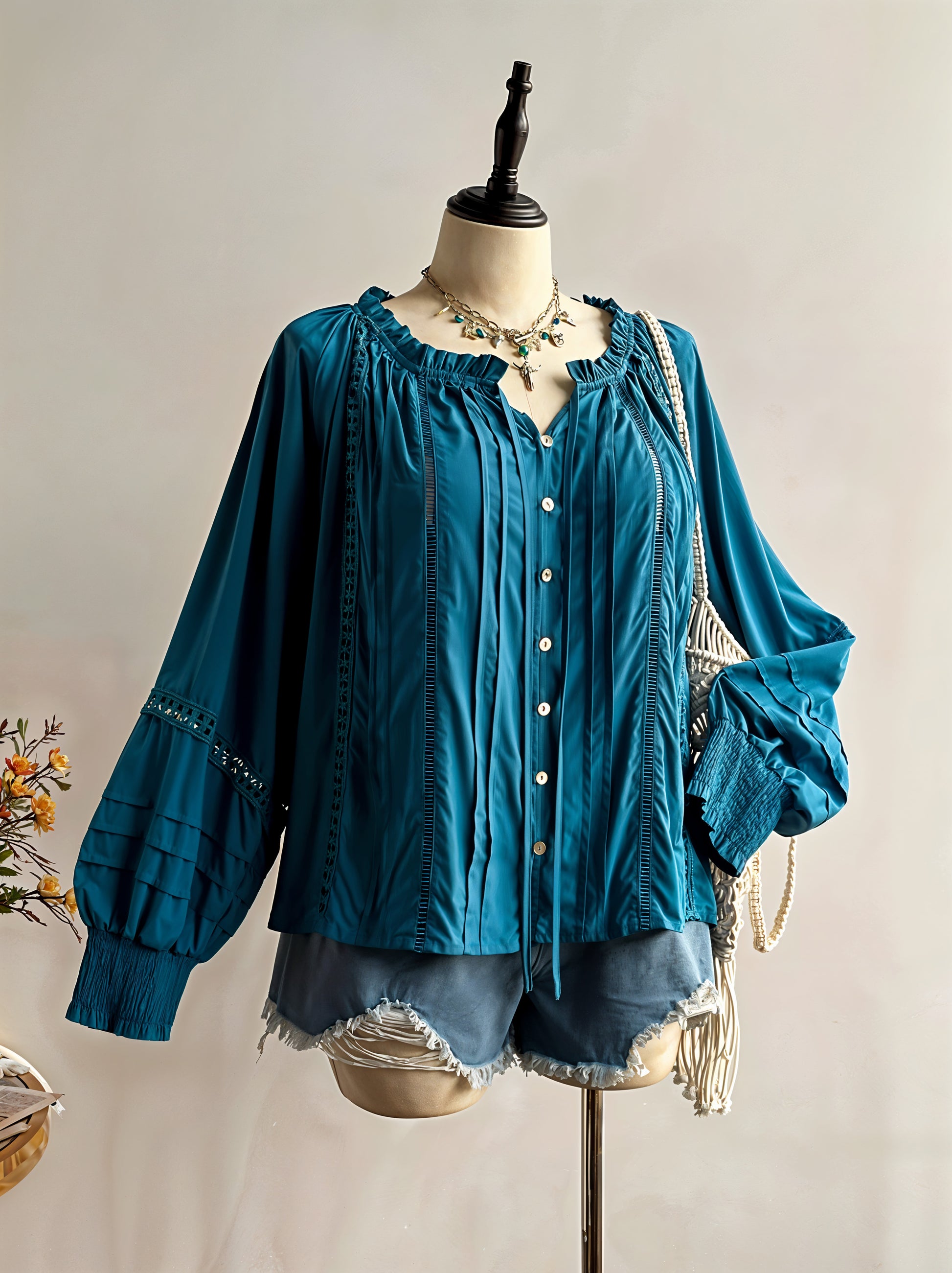 Plus Size Frill Pleated Lantern Sleeve Blouse