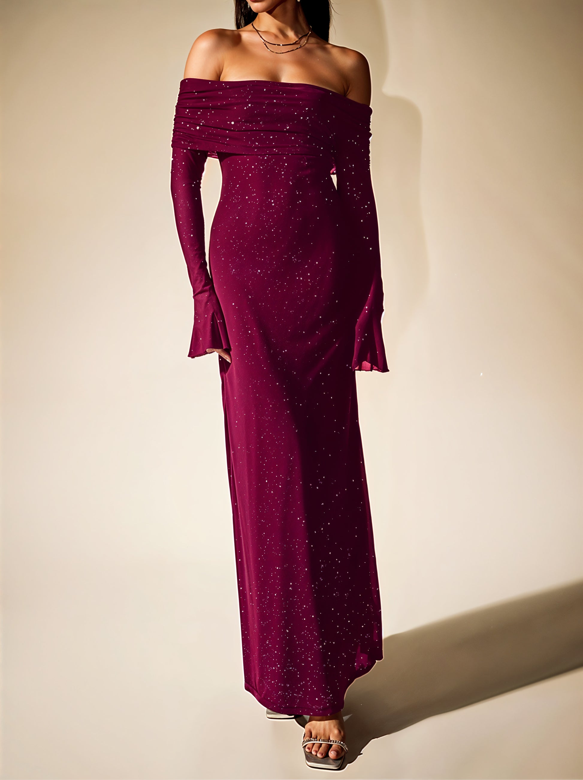 Glitter Off-Shoulder Maxi Dress
