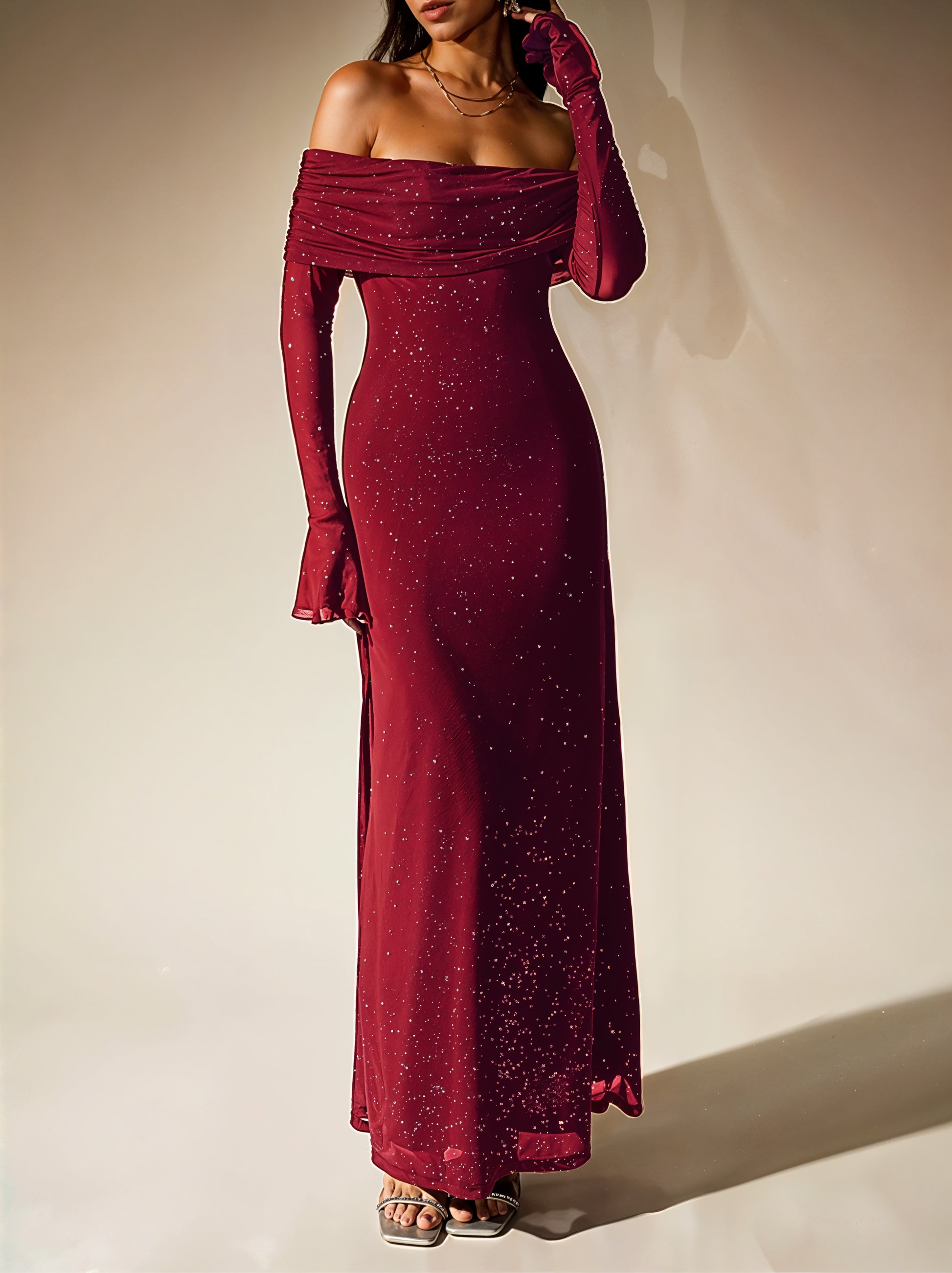 Glitter Off-Shoulder Maxi Dress