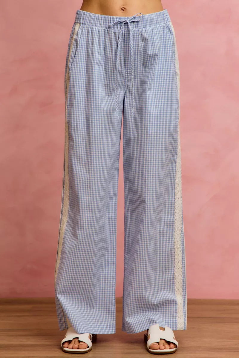Wide Leg Pants With Side Lace Trim Check Pattern SO ME