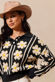 Floral Stripe Polo Collar Sweater SO ME