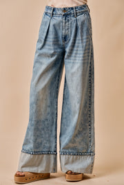 SO ME Mid Rise Plated Wid Leg Denim Jean