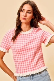 SO ME Gingham Knit Ruffled Short Sleeves Sweater Top