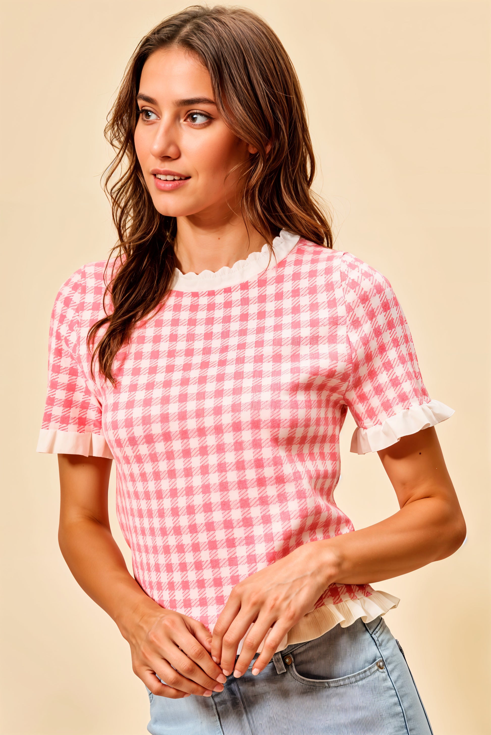 SO ME Gingham Knit Ruffled Short Sleeves Sweater Top