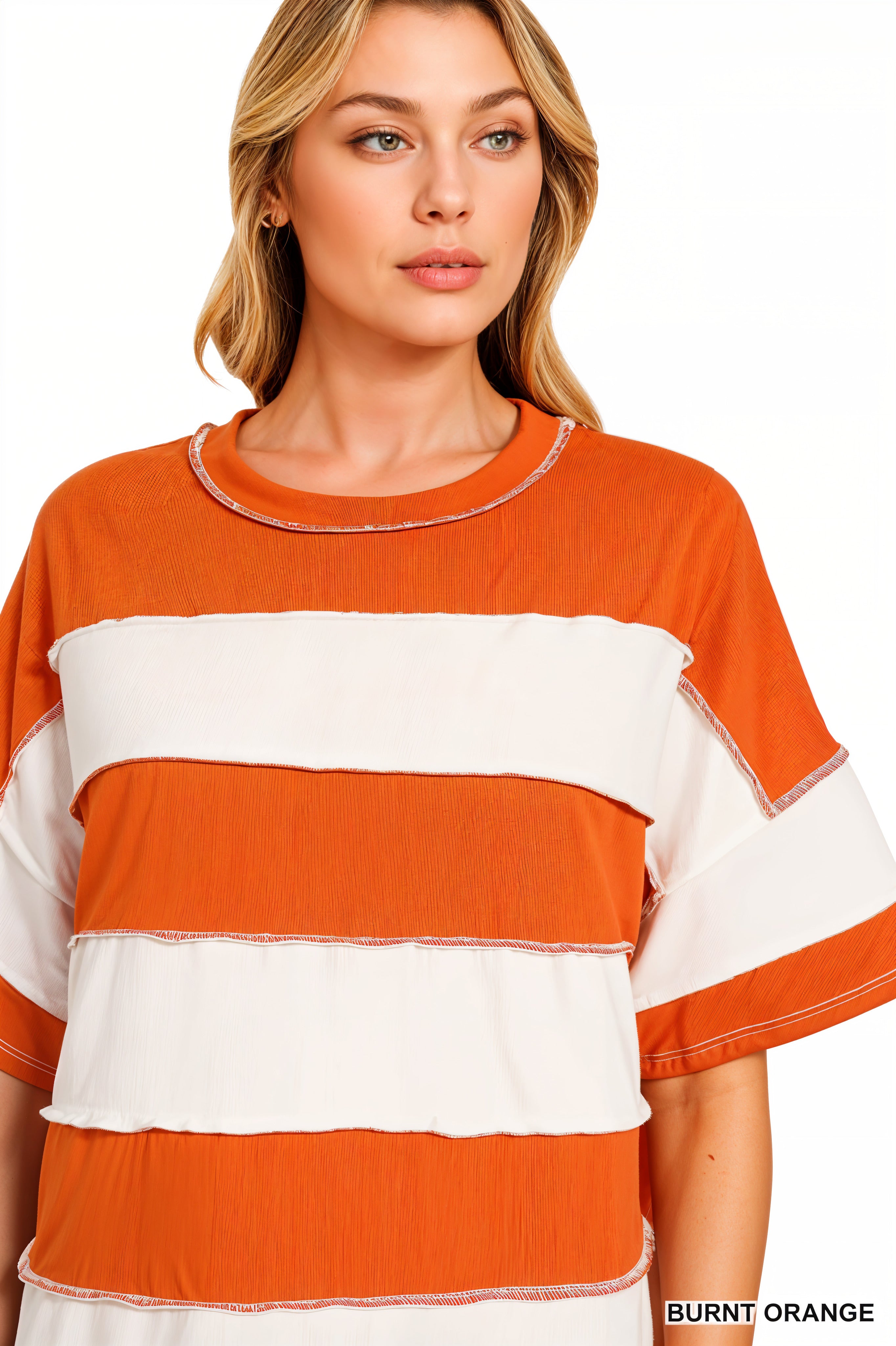 Zenana French Terry Striped Exposed Seam Top