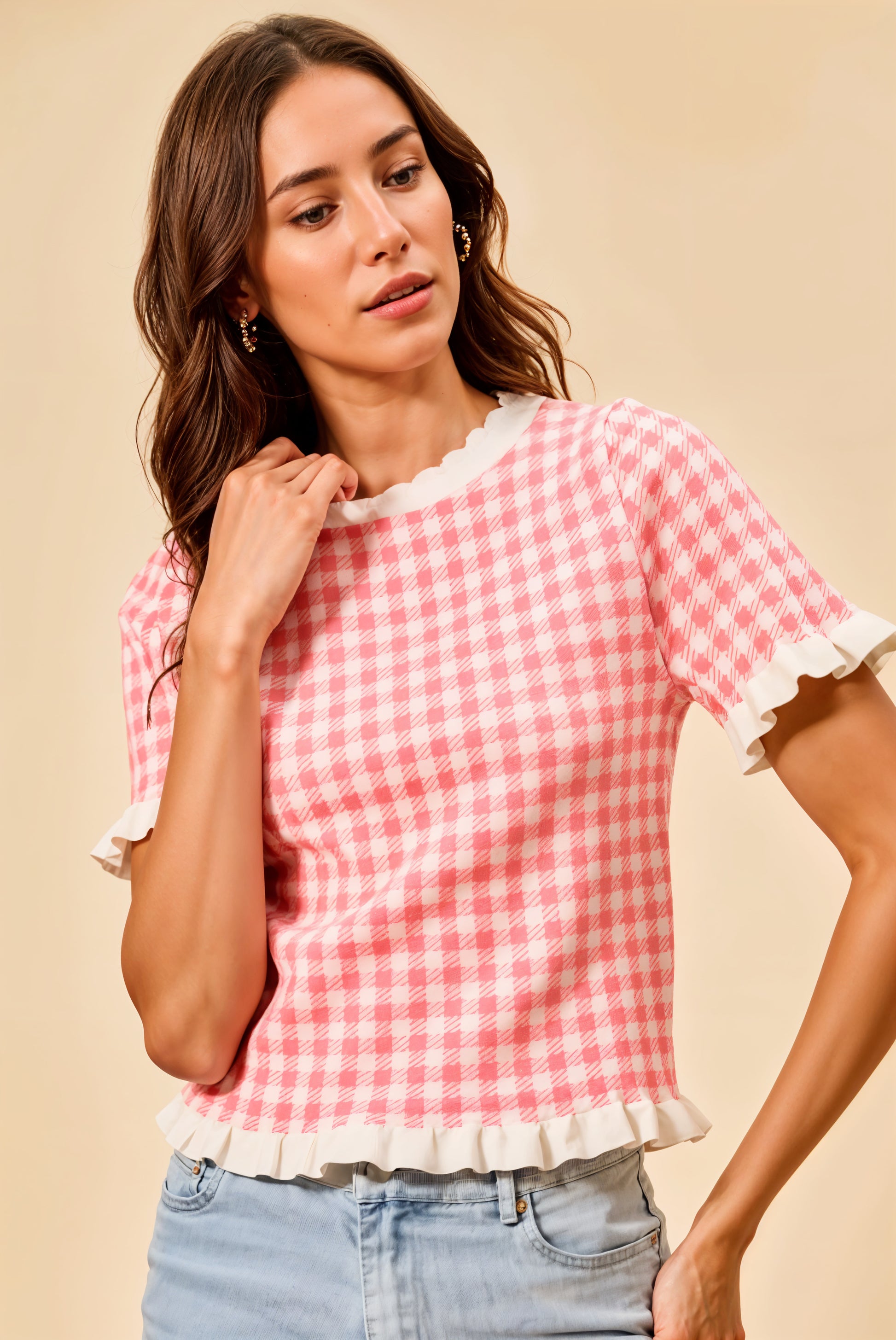 SO ME Gingham Knit Ruffled Short Sleeves Sweater Top