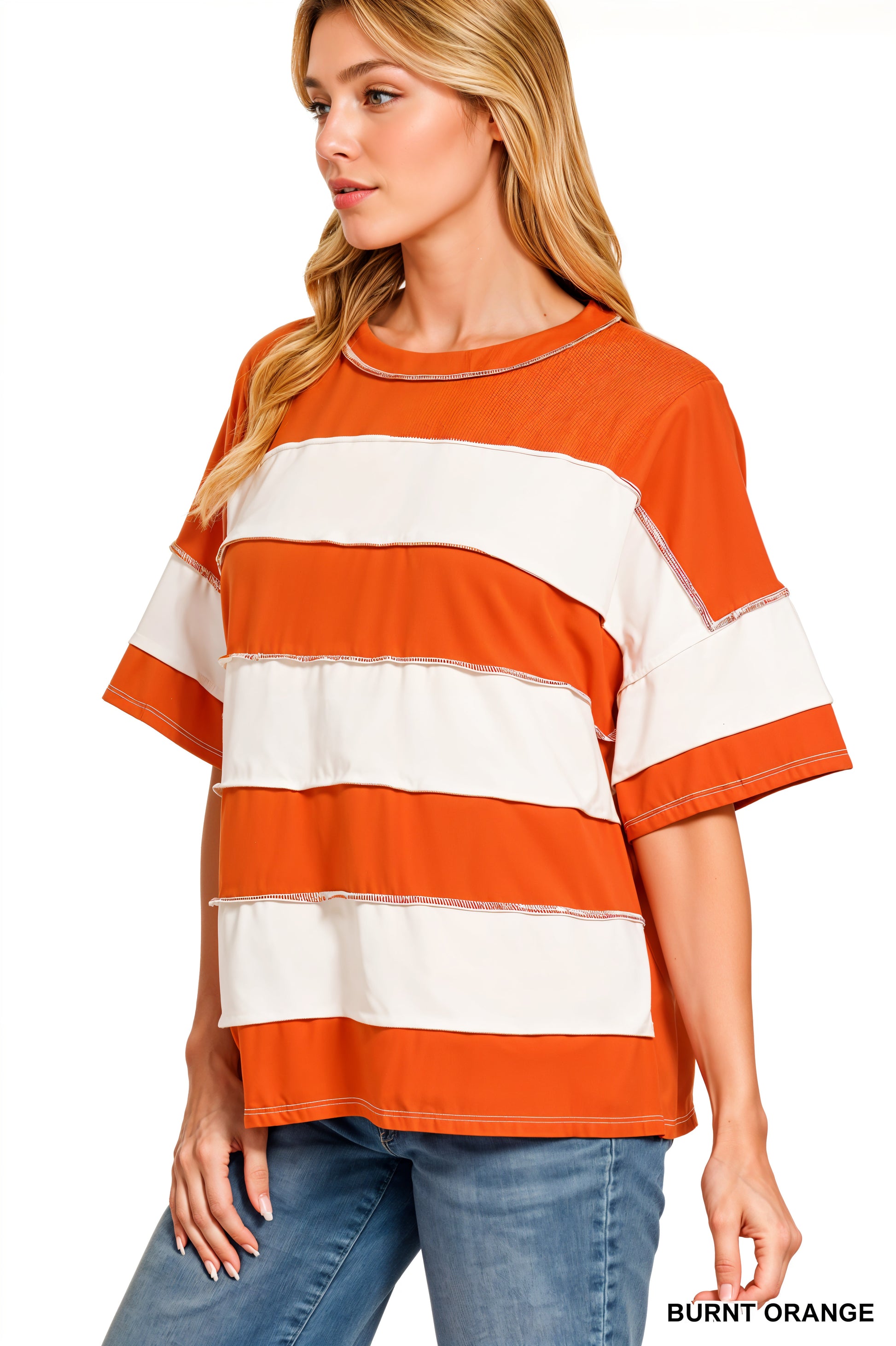 Zenana French Terry Striped Exposed Seam Top