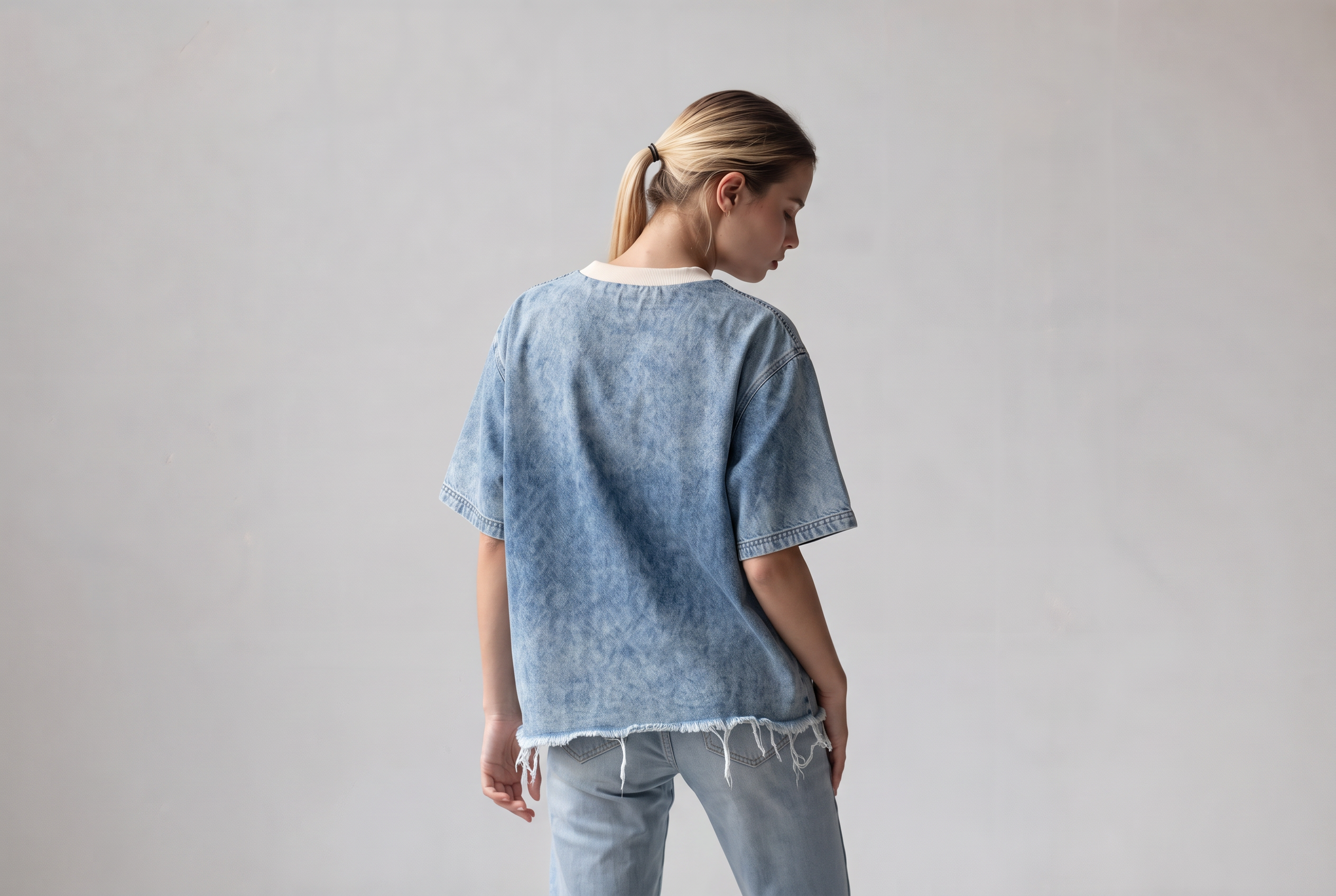 Unisex Vintage Wash Raw Hem Denim T-Shirt